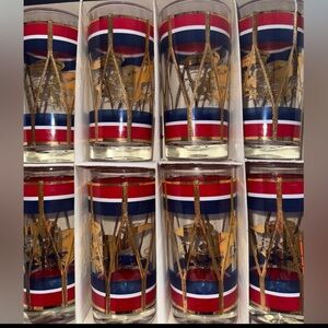 Antique House Art Elegant Gold and Red Drum Design Glass Set of 8 Red White Blue